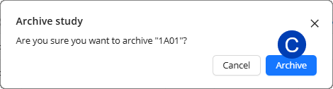 Confirmation dialog asking to archive study "1A01" with options to cancel or proceed.